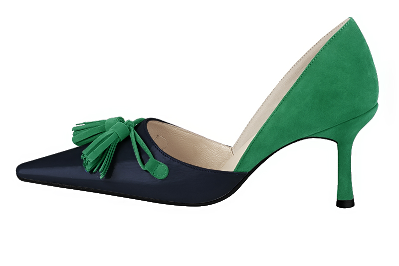 Navy blue and emerald green women's open arch dress pumps. Pointed toe. High slim heel. Profile view - Florence KOOIJMAN